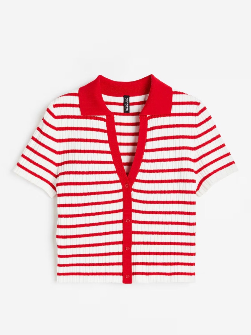 H&M Women’s Red & White Striped Rib-Knit Collared Top